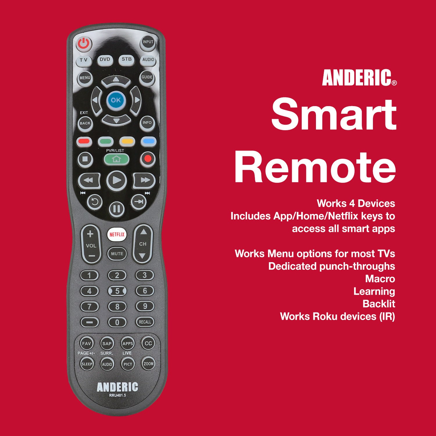 RRU401 4-Device Universal Remote Control with Learning and Macro Functions