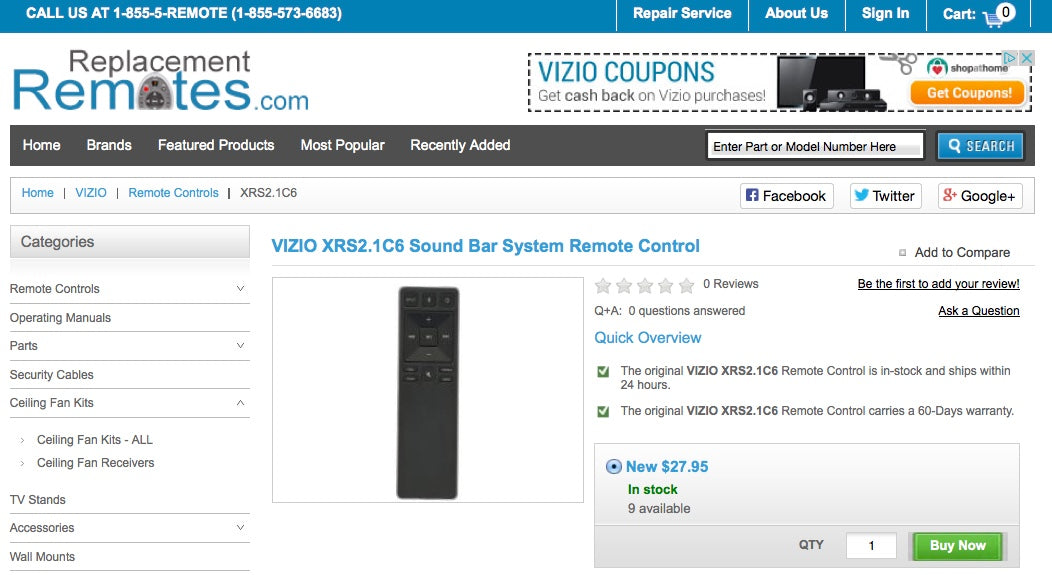 VIZIO XRS2.1C6 Sound Bar System Remote Control