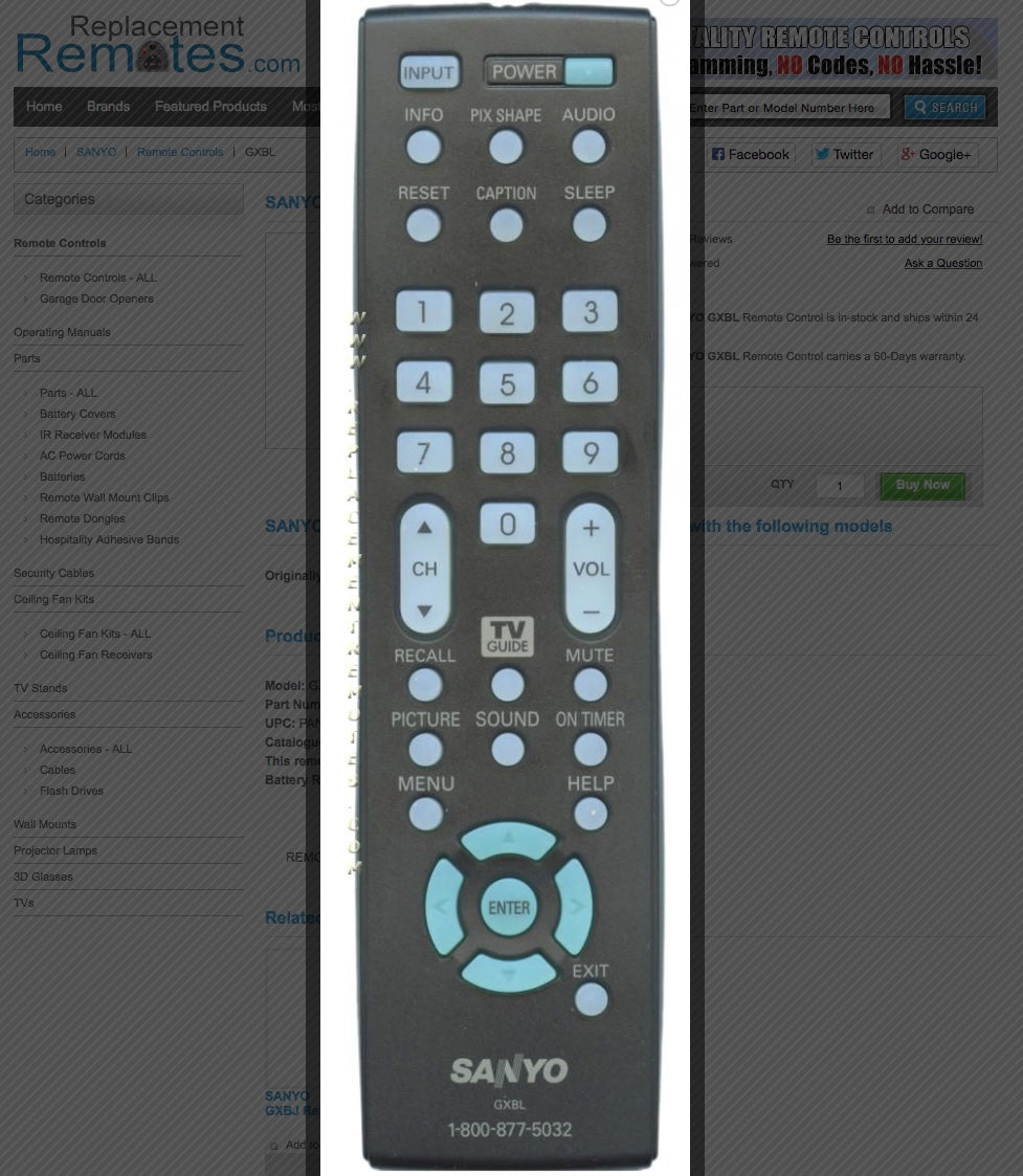 SANYO GXBL TV Remote Control