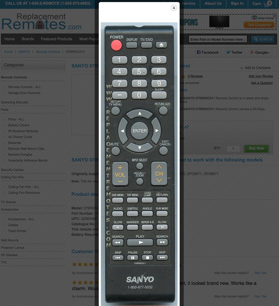 SANYO 076R0SC011 TV/DVD Combo Remote Control