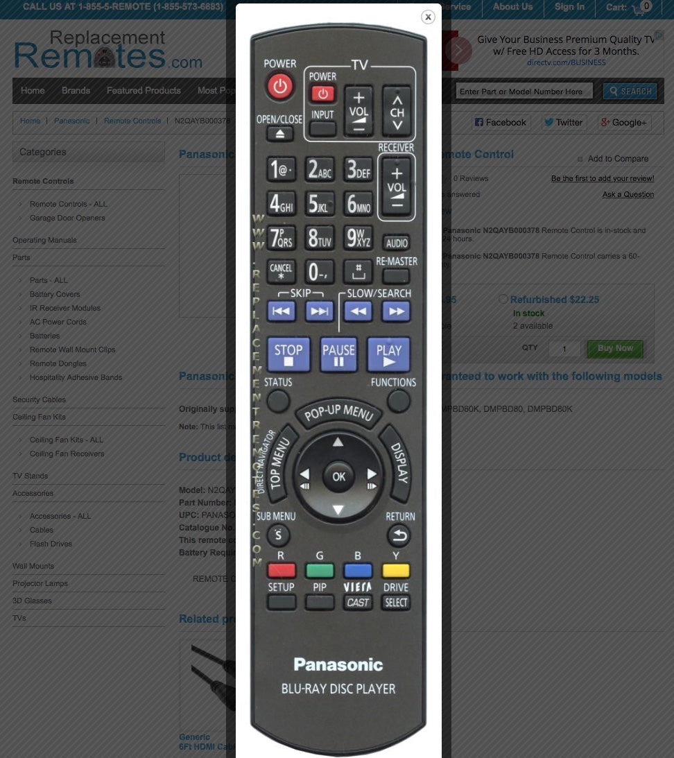 Panasonic N2QAYB000378 Blu-Ray DVD Player Remote Control