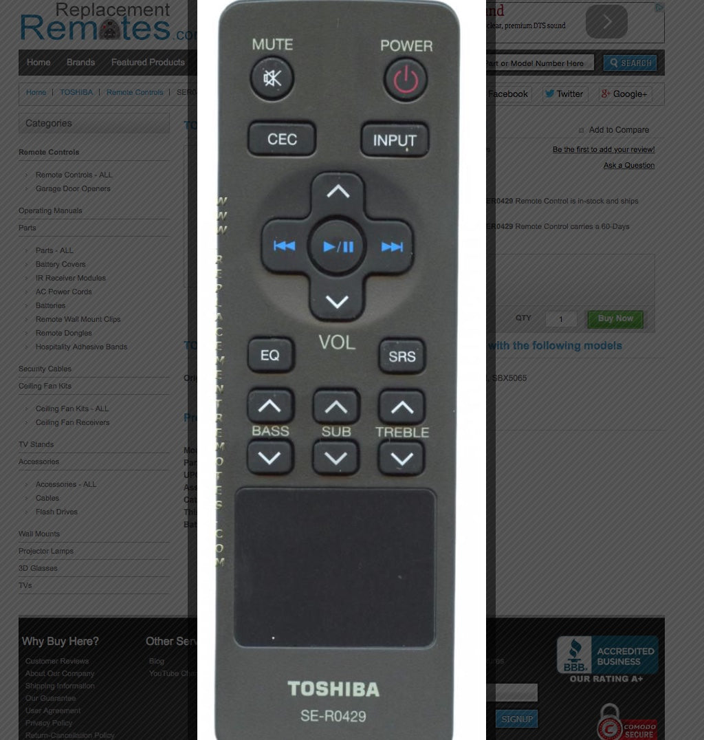 TOSHIBA SER0429 Home Theater System Remote Control