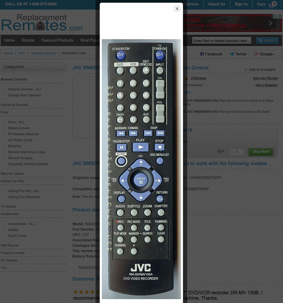 JVC RMSDRMV100A DVD Recorder (DVDR) Remote Control