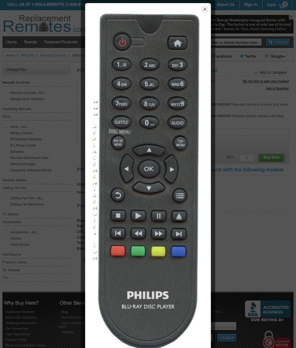 PHILIPS 996510053347 Blu-Ray DVD Player Remote Control