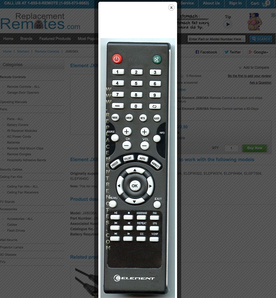 Element JX8036A Remote Control