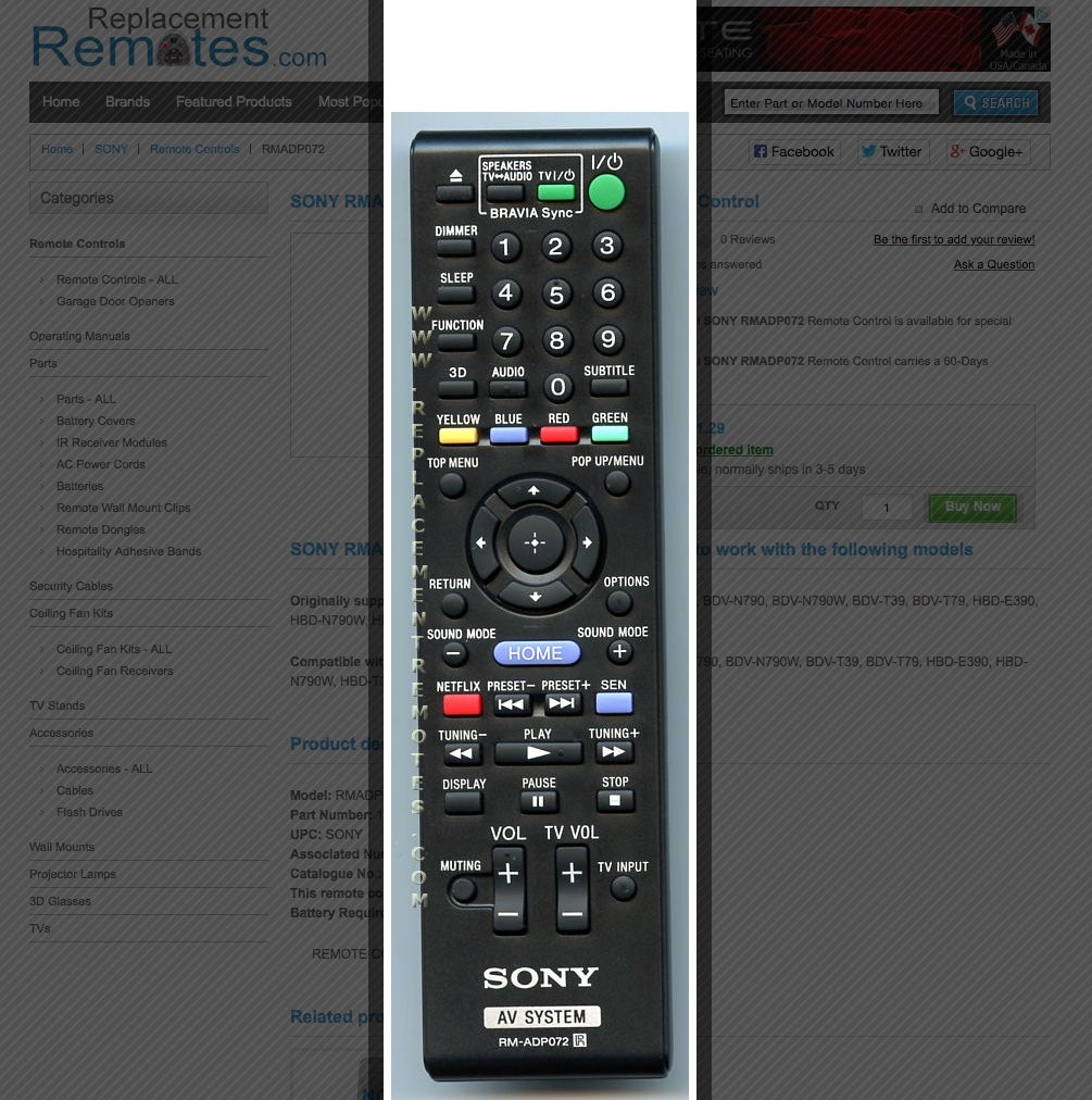 SONY RMADP072 Home Theater System Remote