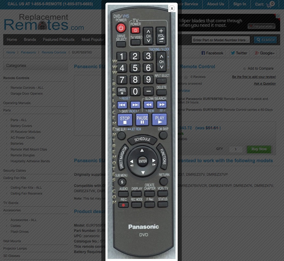 Panasonic EUR7659T60 DVD Recorder (DVDR) Remote Control