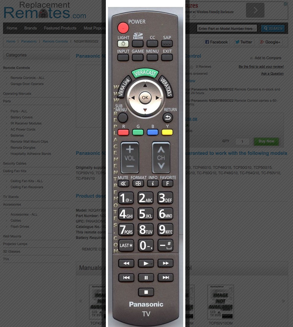 Panasonic N2QAYB000322 Plasma TV Remote