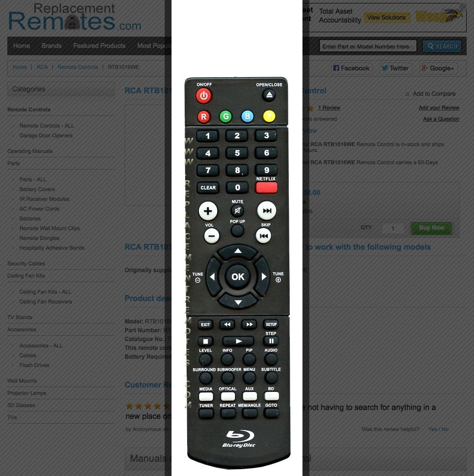 RCA RTB1016WE Blu-Ray DVD Player Remote Control