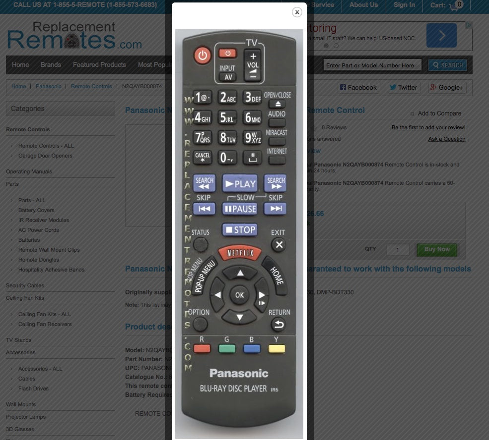 Panasonic N2QAYB000874 Blu-Ray DVD Player Remote