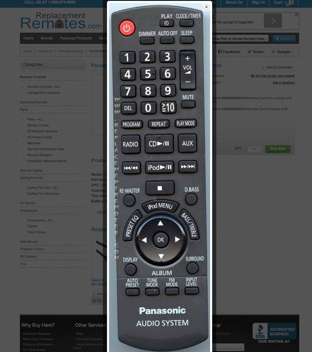 Panasonic N2QAYB000518 Audio System Remote