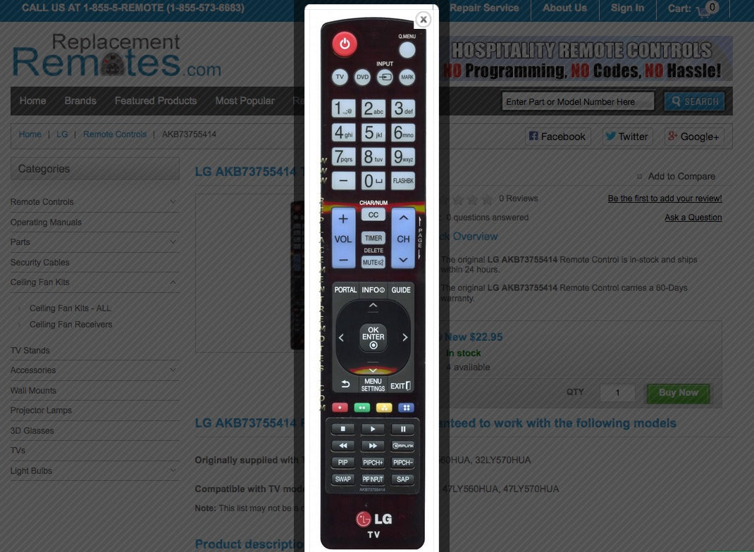 LG AKB73755414 TV Remote Control