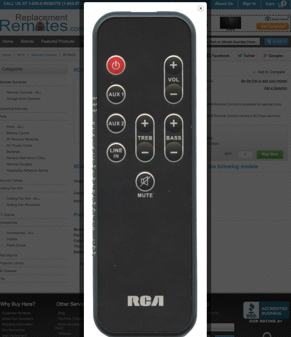 RCA RTS635 Sound Bar System Remote Control