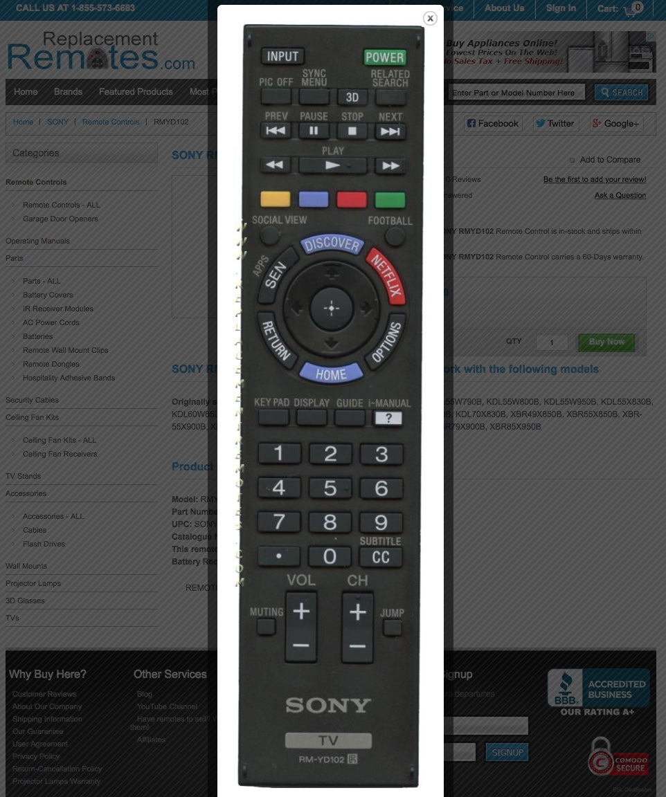 SONY RMYD102 TV Remote Control