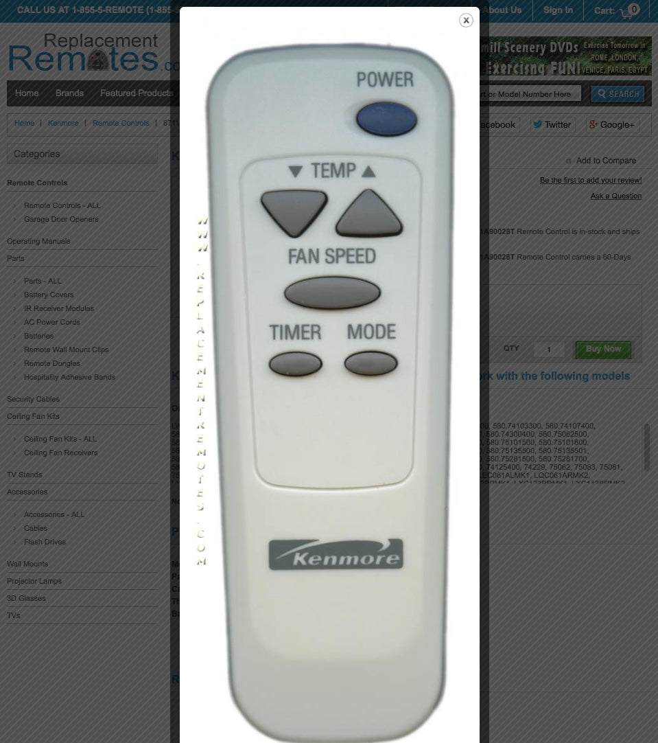 Kenmore 6711A90028T Air Conditioner Remote Control