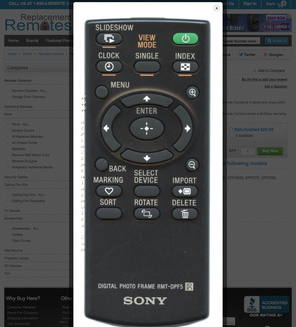 SONY RMTDPF5 Digital Picture Frame Remote Control