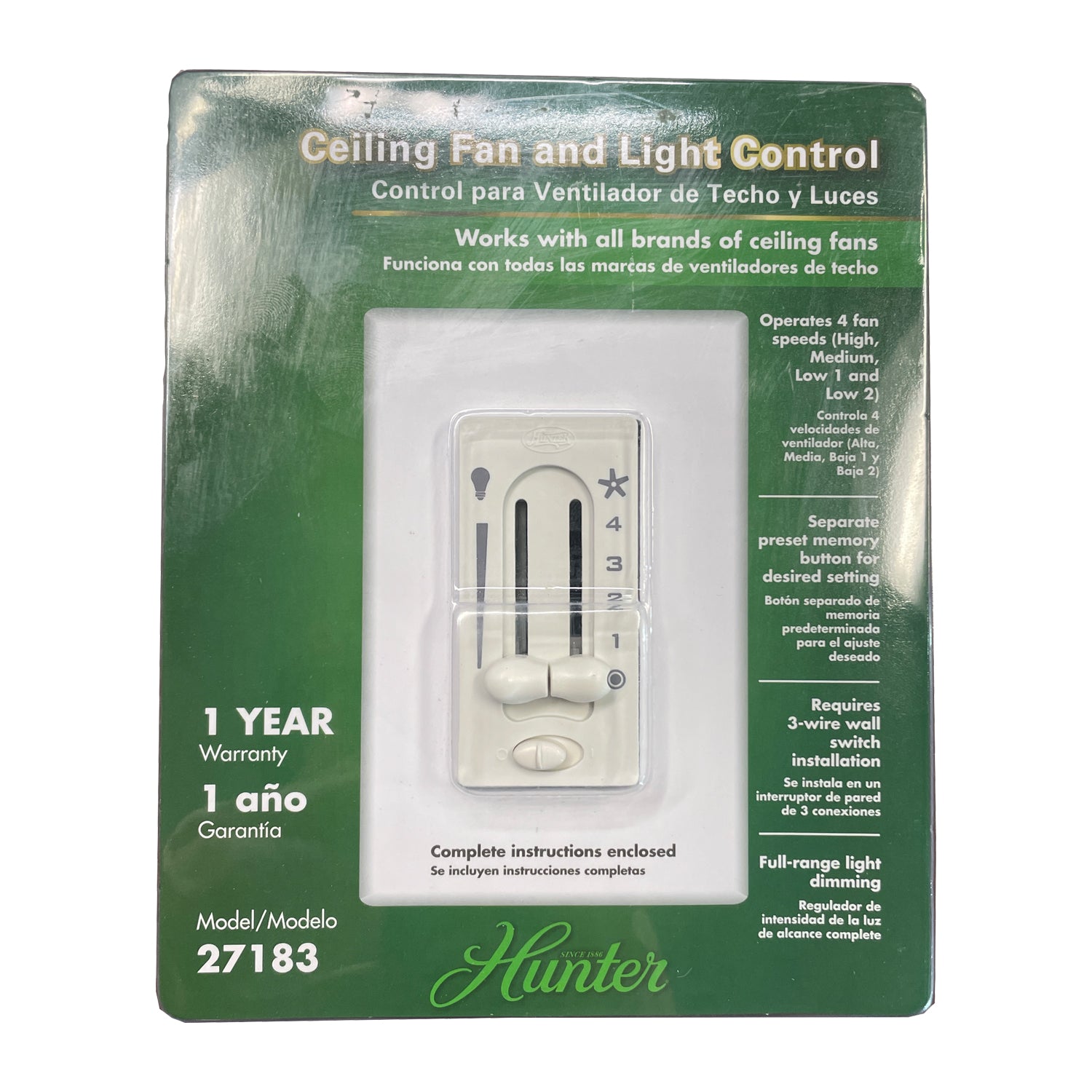 Hunter 27183 ceiling fan and light Remote wired wall switch control