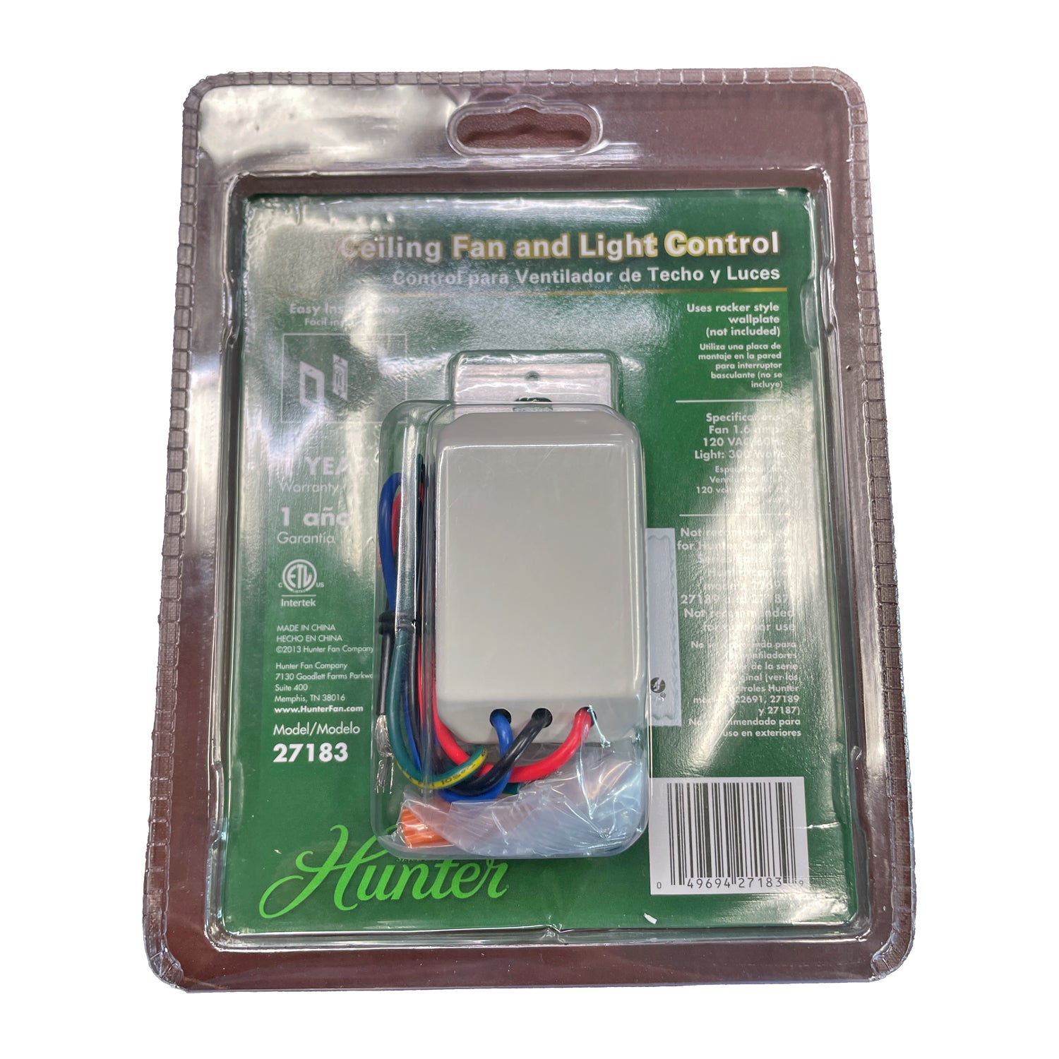 Hunter 27183 ceiling fan and light Remote wired wall switch control