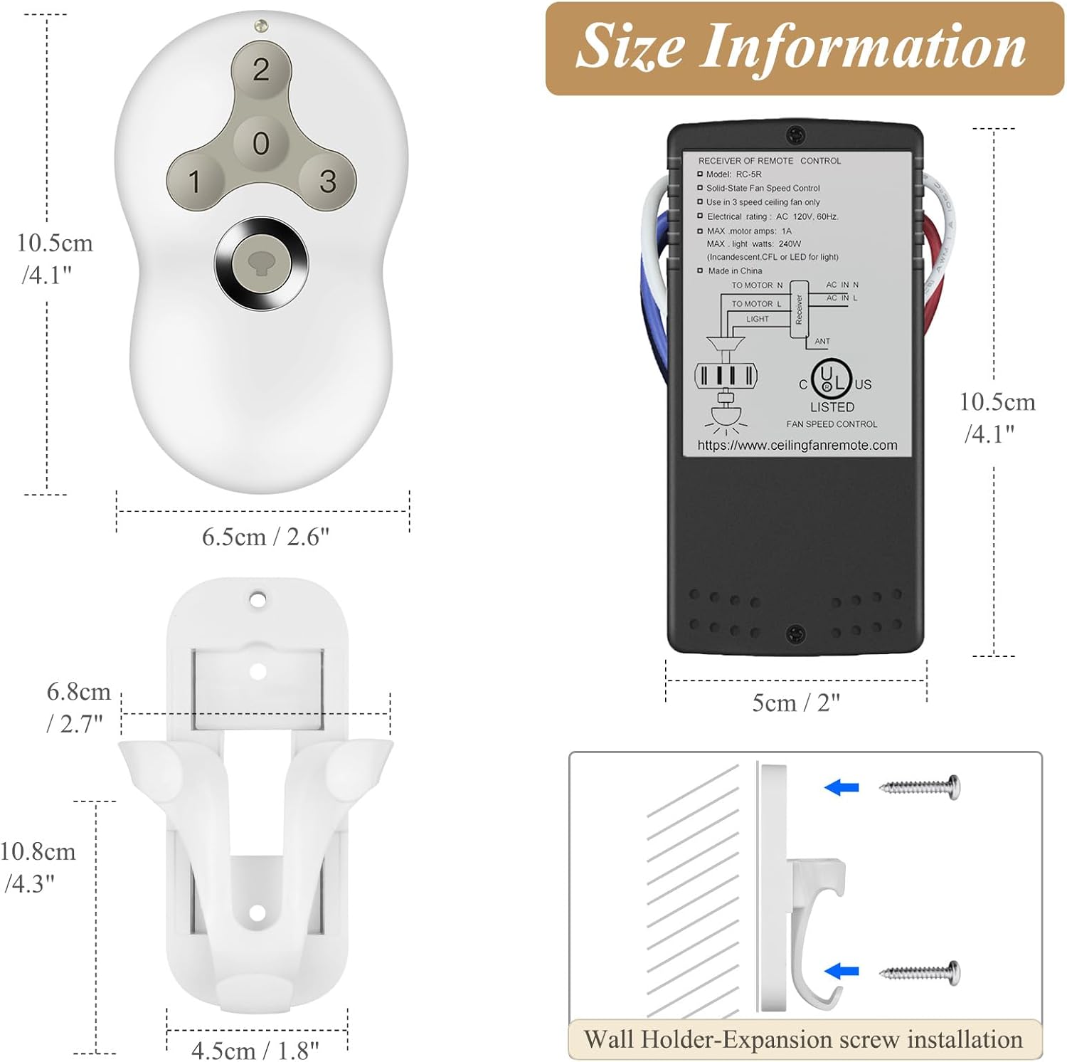 Prichor RC-5T RC-5R Ceiling Fan Remote Control Kit for 3-Speed Ceiling Fans