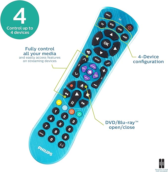 Philips Universal Remote Control, Universal TV Remote Replacement, Samsung TV Remote Control Universal, for Roku Remote Replacement, Vizio, LG, Sony, Apple TV, Smart TVs, 4 Device, Blue, SRP4229B/27