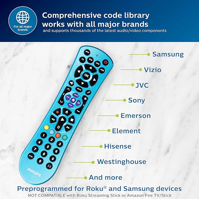 Philips Universal Remote Control, Universal TV Remote Replacement, Samsung TV Remote Control Universal, for Roku Remote Replacement, Vizio, LG, Sony, Apple TV, Smart TVs, 4 Device, Blue, SRP4229B/27