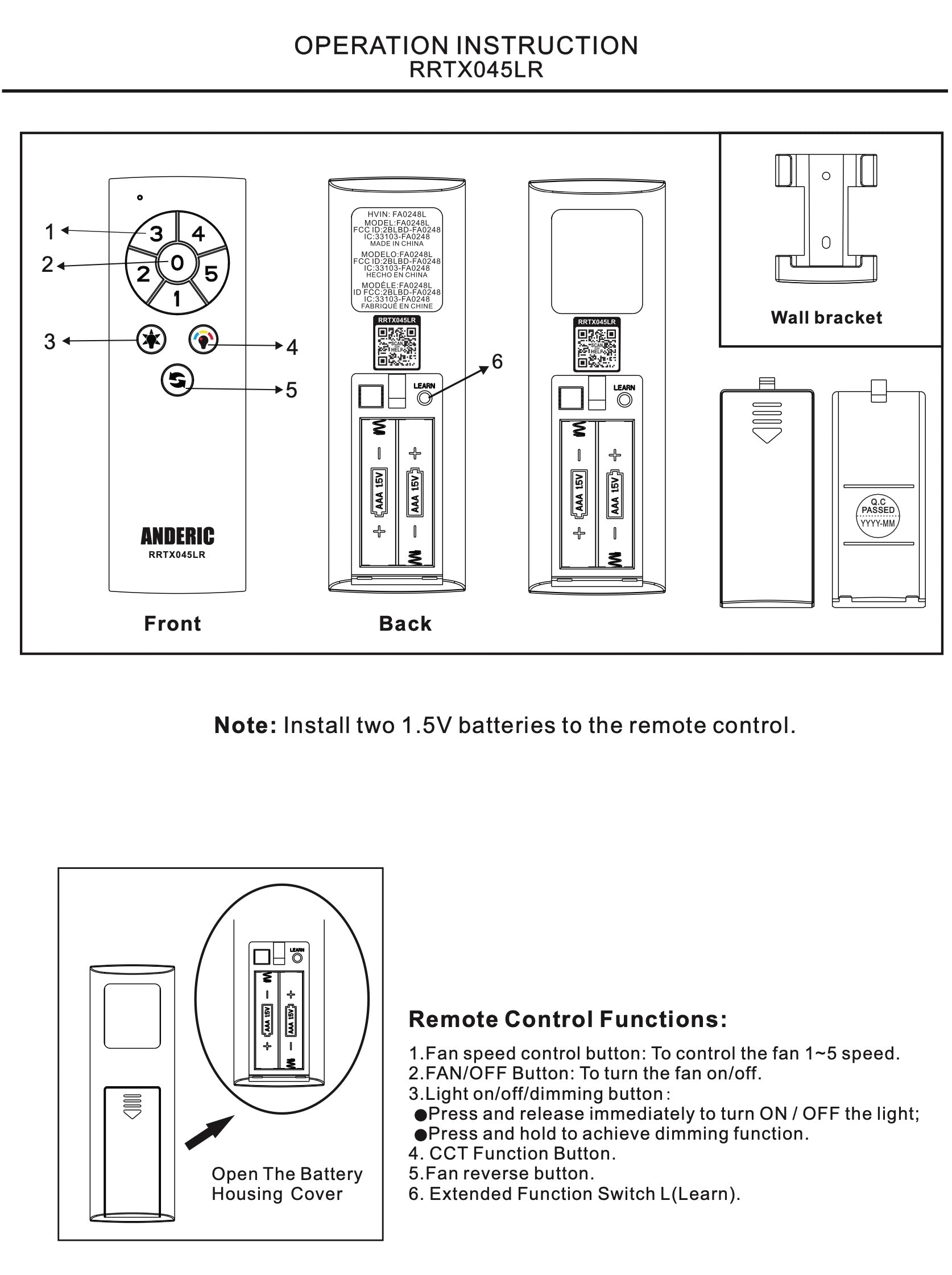 The Anderic TX045-LR Remote Control for Home Decorators Collection ceiling fans offers front and back diagrams, battery installation, fan speed and light dimming controls, a wall bracket, and detailed instructions for easy fan and light management.