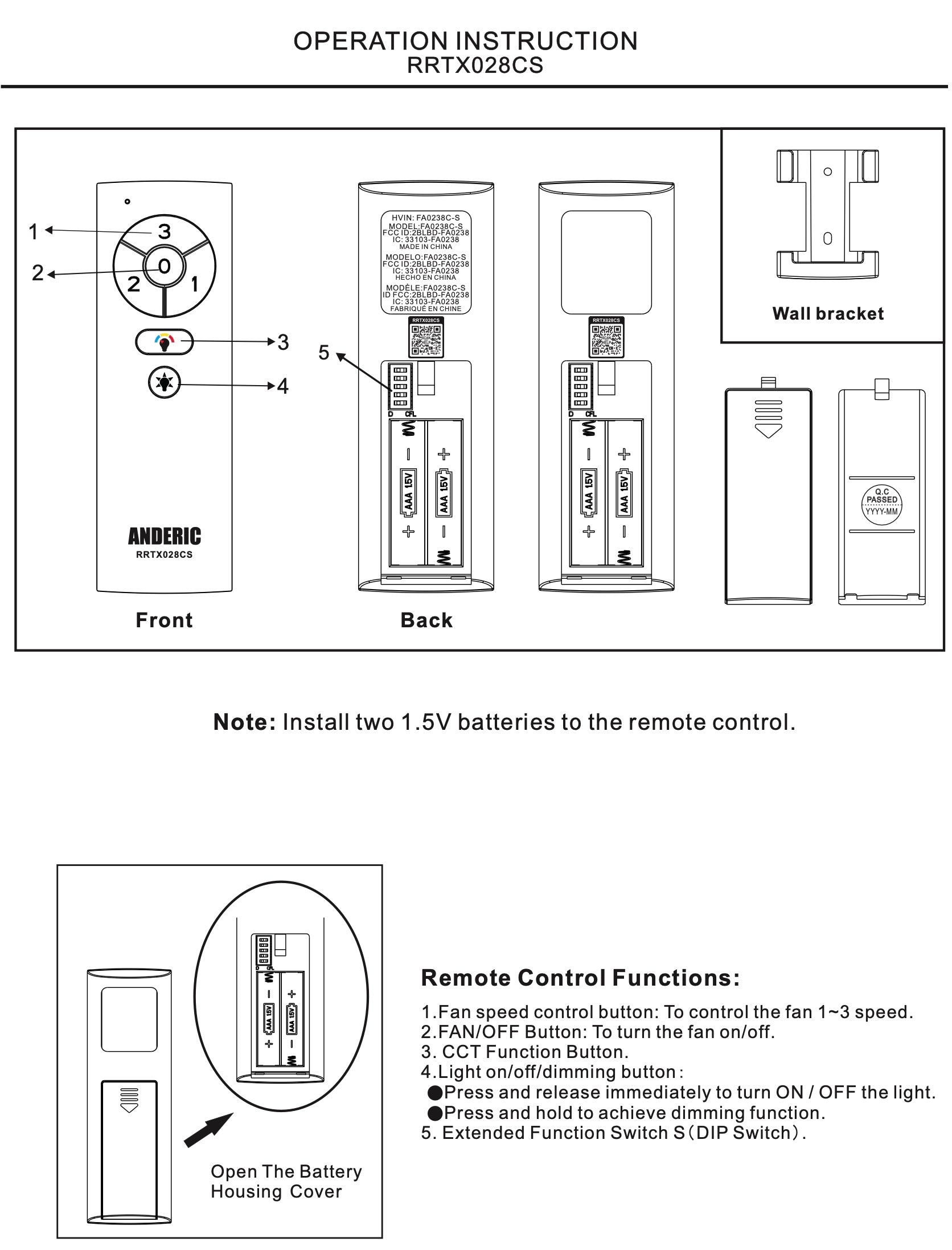 Anderic TX028C-S For Hampton Bay and Home Decorators Collection Ceiling Fan Remote Control - RRTX028CS