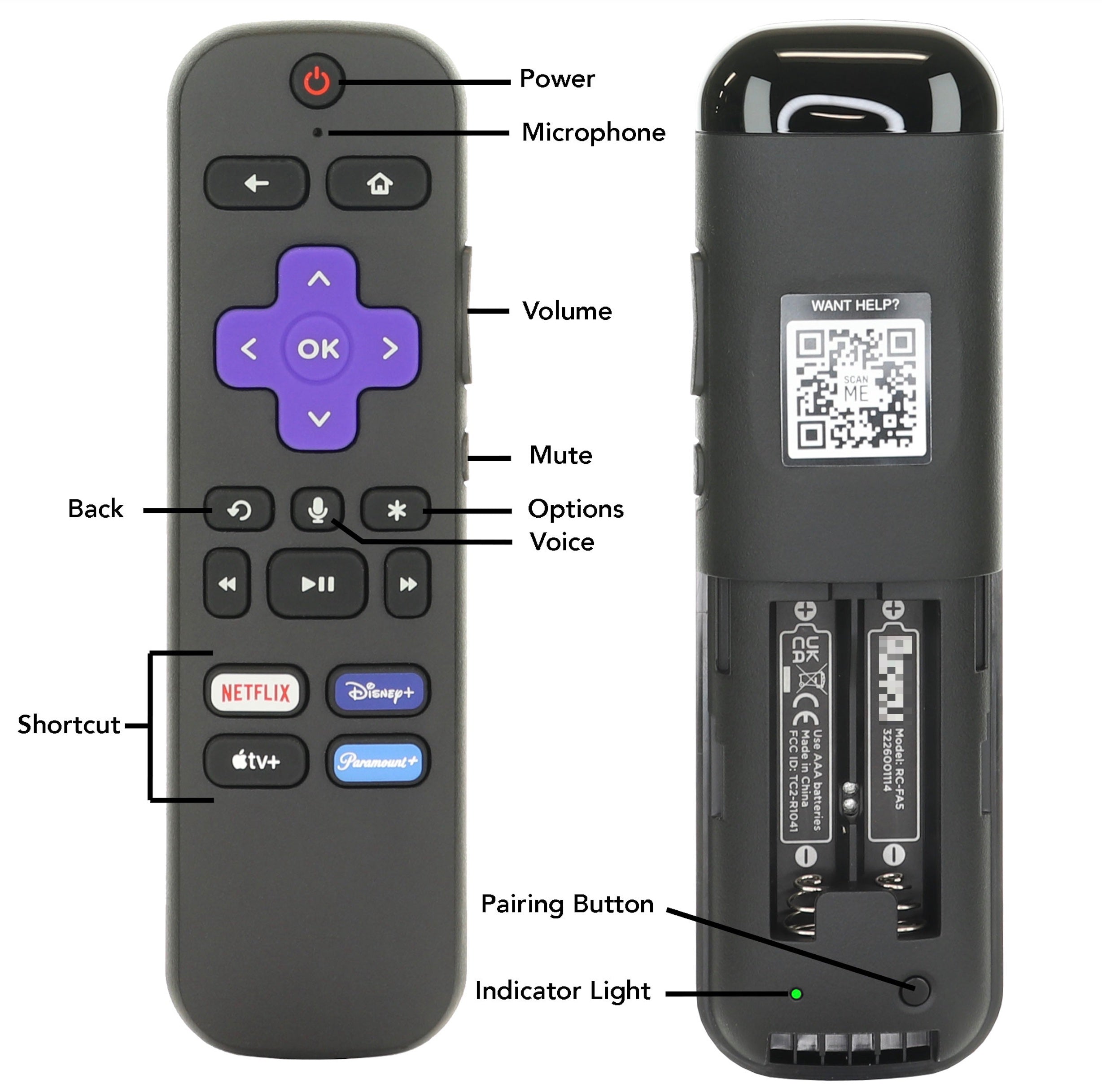 Voice Remote Control for all Roku® Streaming Player, Streaming Stick and TV with Voice and TV Controls - RCFA5