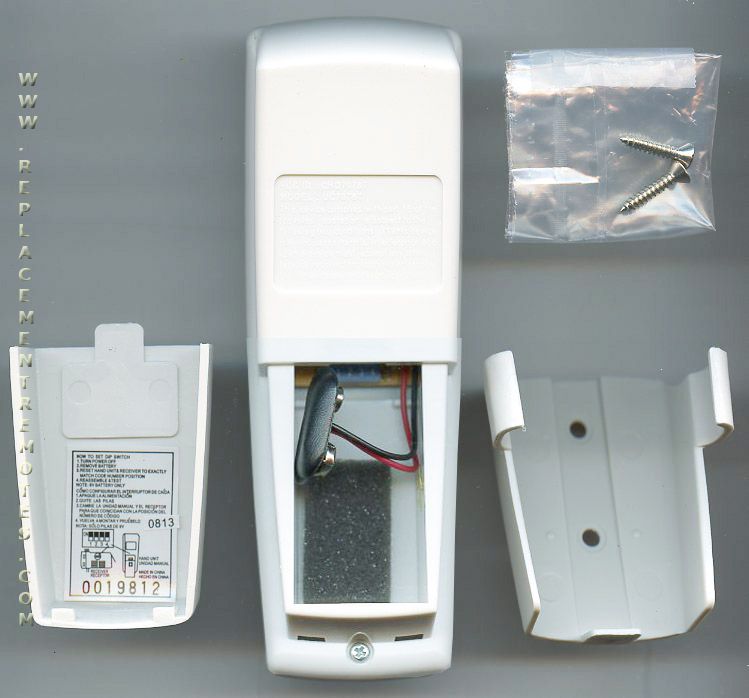 Disassembled view of an Anderic RR7079T FAN-HD Ceiling Fan Remote with the cover off, revealing internal wiring, a circuit board, and separate covers. A plastic bag holds mounting screws for models like the UC7078T/FAN-HD.