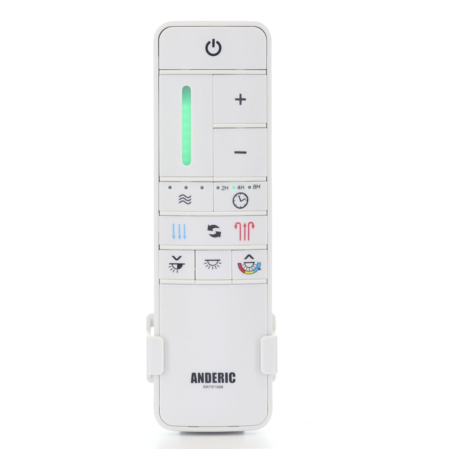 The Anderic TR198B remote control for Home Decorators Collection ceiling fans is a sleek white device featuring buttons for power, temperature, fan speed, timer, and more. It includes a glowing green LED on the front panel.