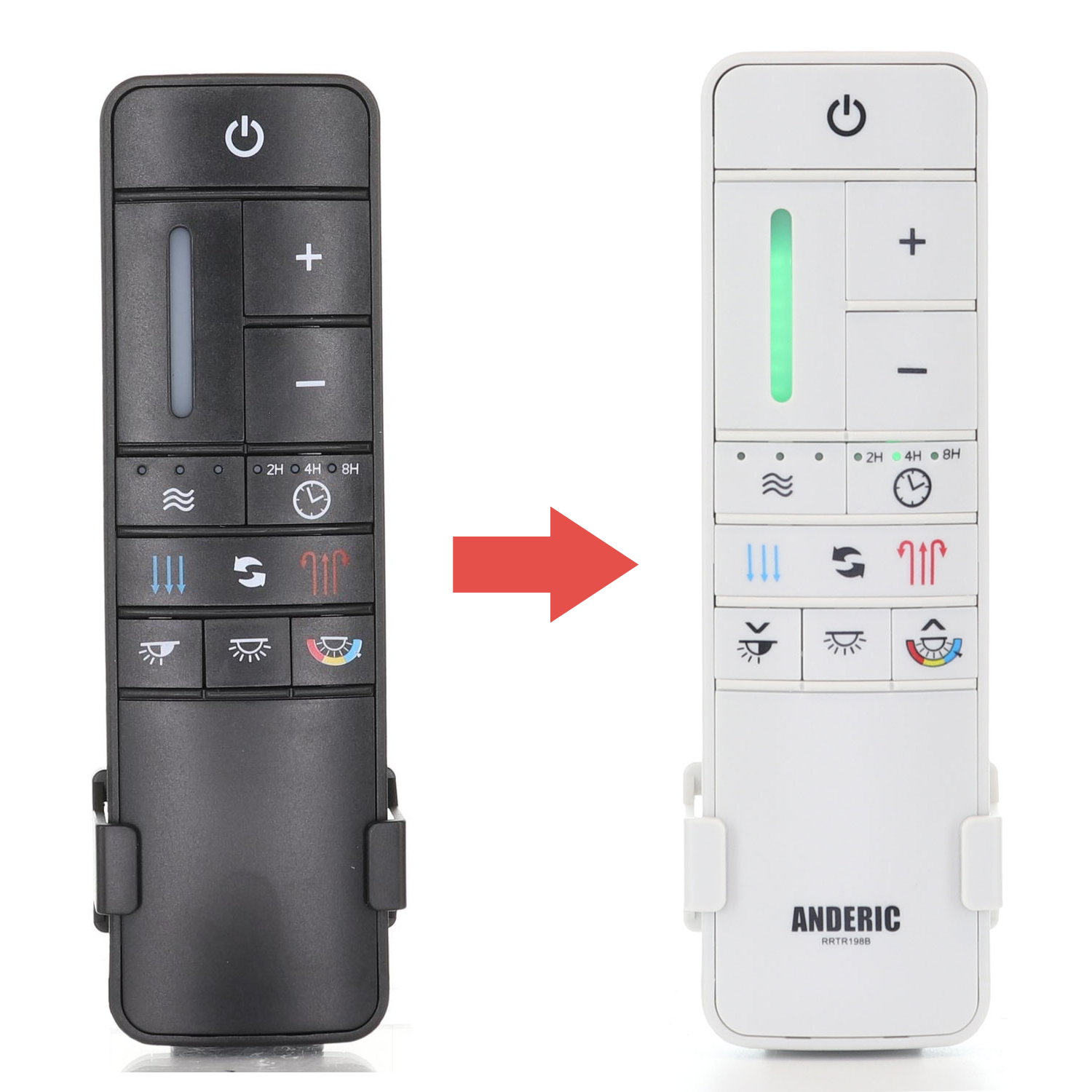 The sleek, white Anderic TR198B remote control shines as a superior choice for improved ceiling fan management compared to the black version, with a red arrow indicating the upgrade.