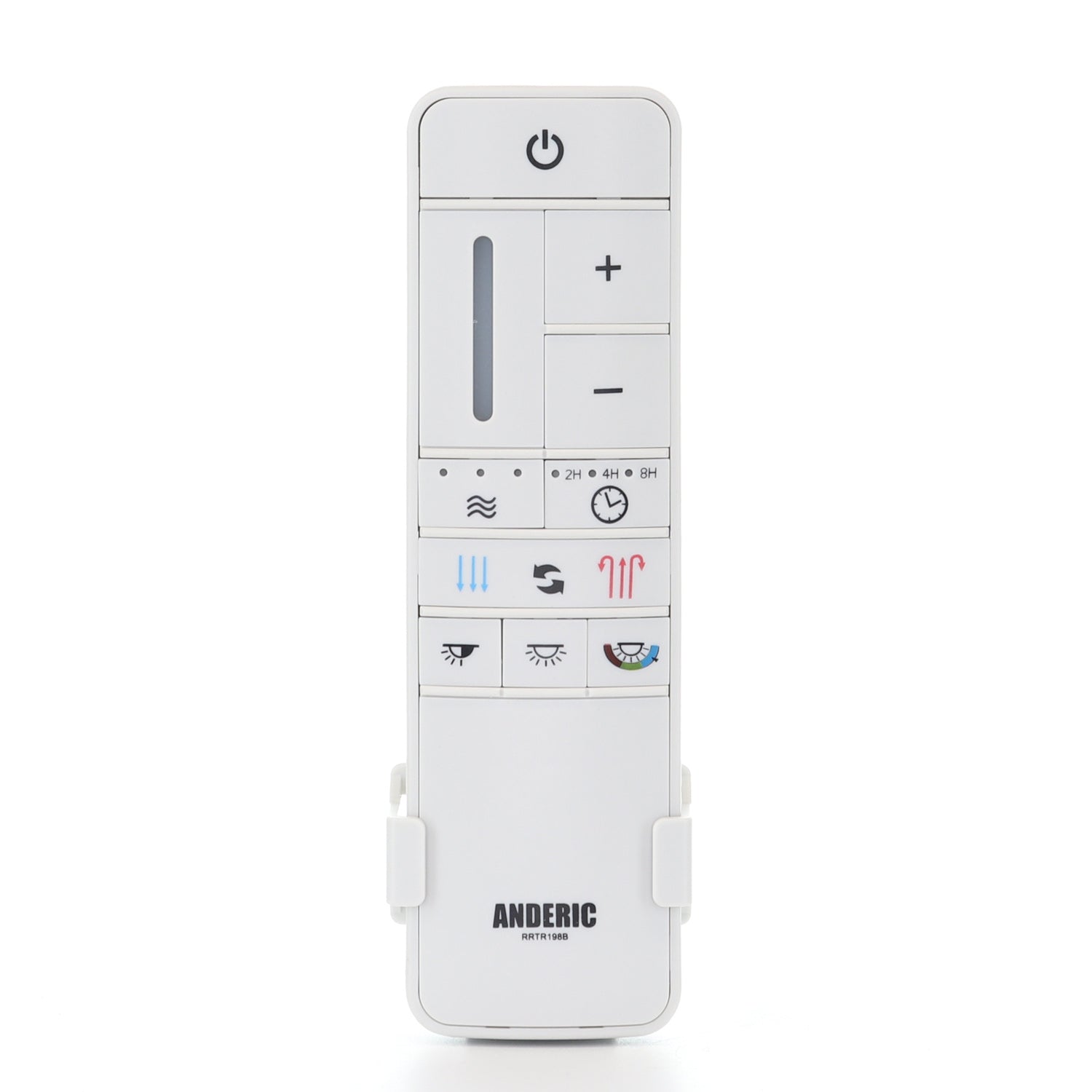 The Anderic TR198B remote (model RRTR198B) for Home Decorators Collection ceiling fans is sleek and white, with buttons for power, fan speed, timer, light adjustment, and oscillation—ideal for effortless control.