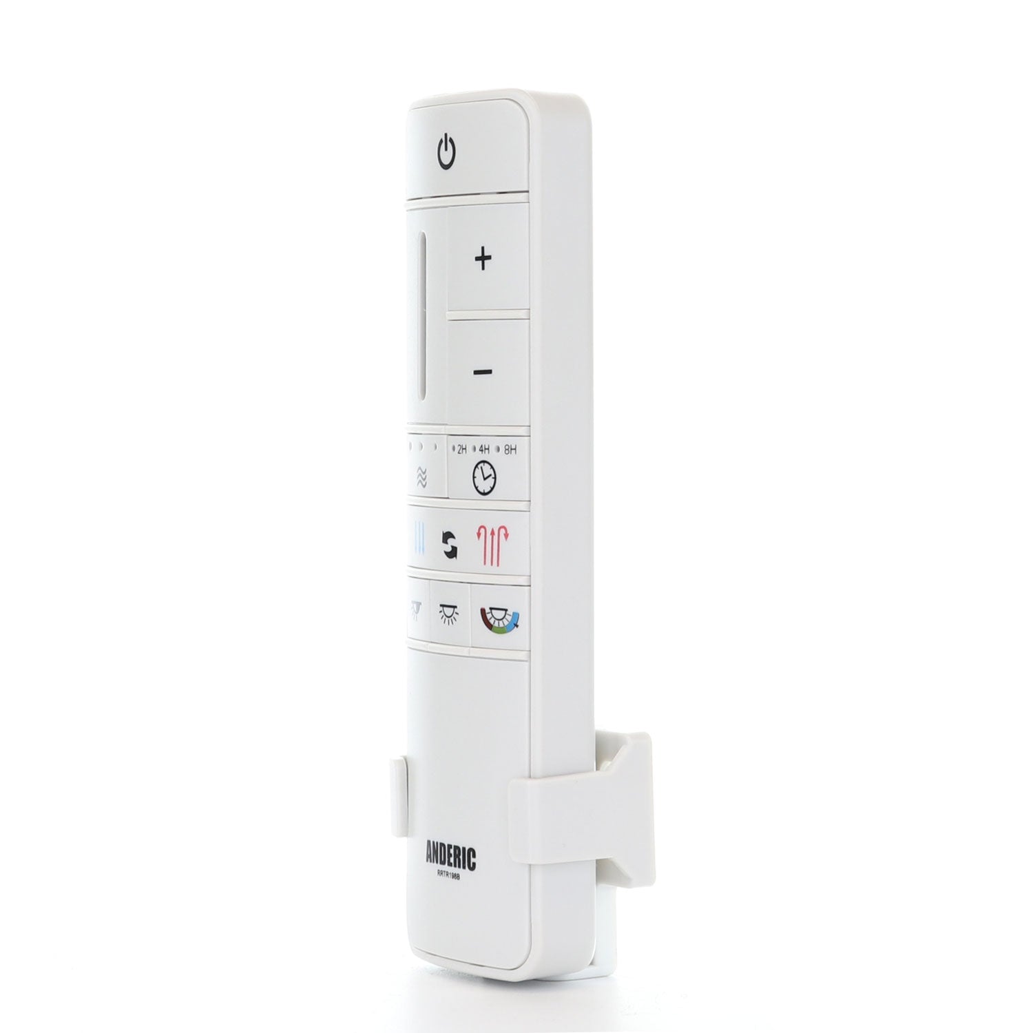 The Anderic TR198B is a white ceiling fan remote control for Home Decorators Collection fans, featuring power, speed, timer, and light buttons for easy operation and includes a convenient wall mount.