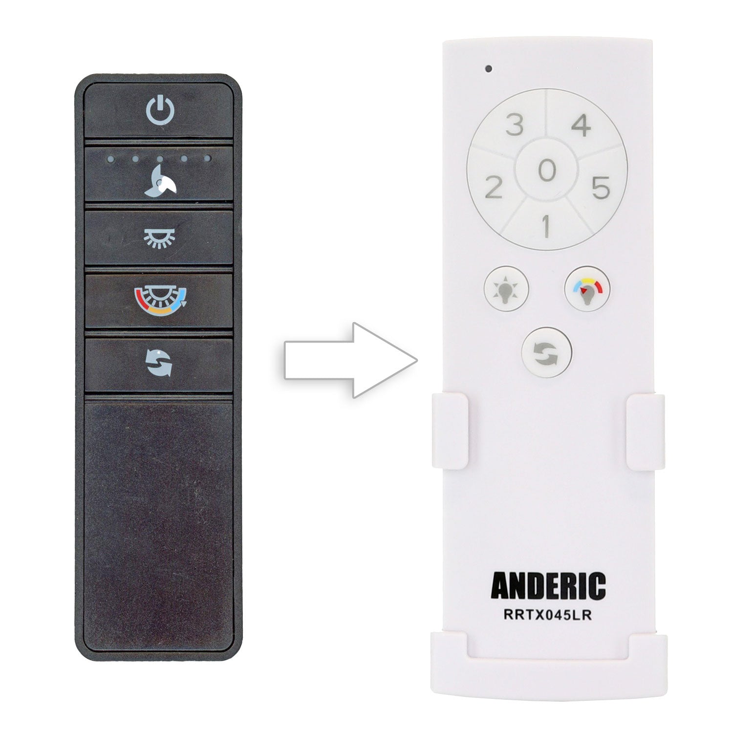 Two remote controls with an arrow pointing from the black ceiling fan control on the left to the white Anderic TX045-LR for Home Decorators Collection Ceiling Fan Remote Control - RRTX045-LR on the right, labeled "ANDERIC RRTX045LR.