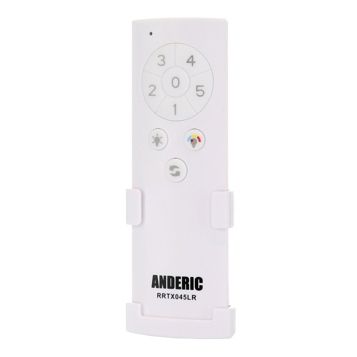 The stylish Anderic TX045-LR Remote, designed for Home Decorators Collection fans, features a circular button layout ideal for smoothly controlling fan speeds and light dimming.