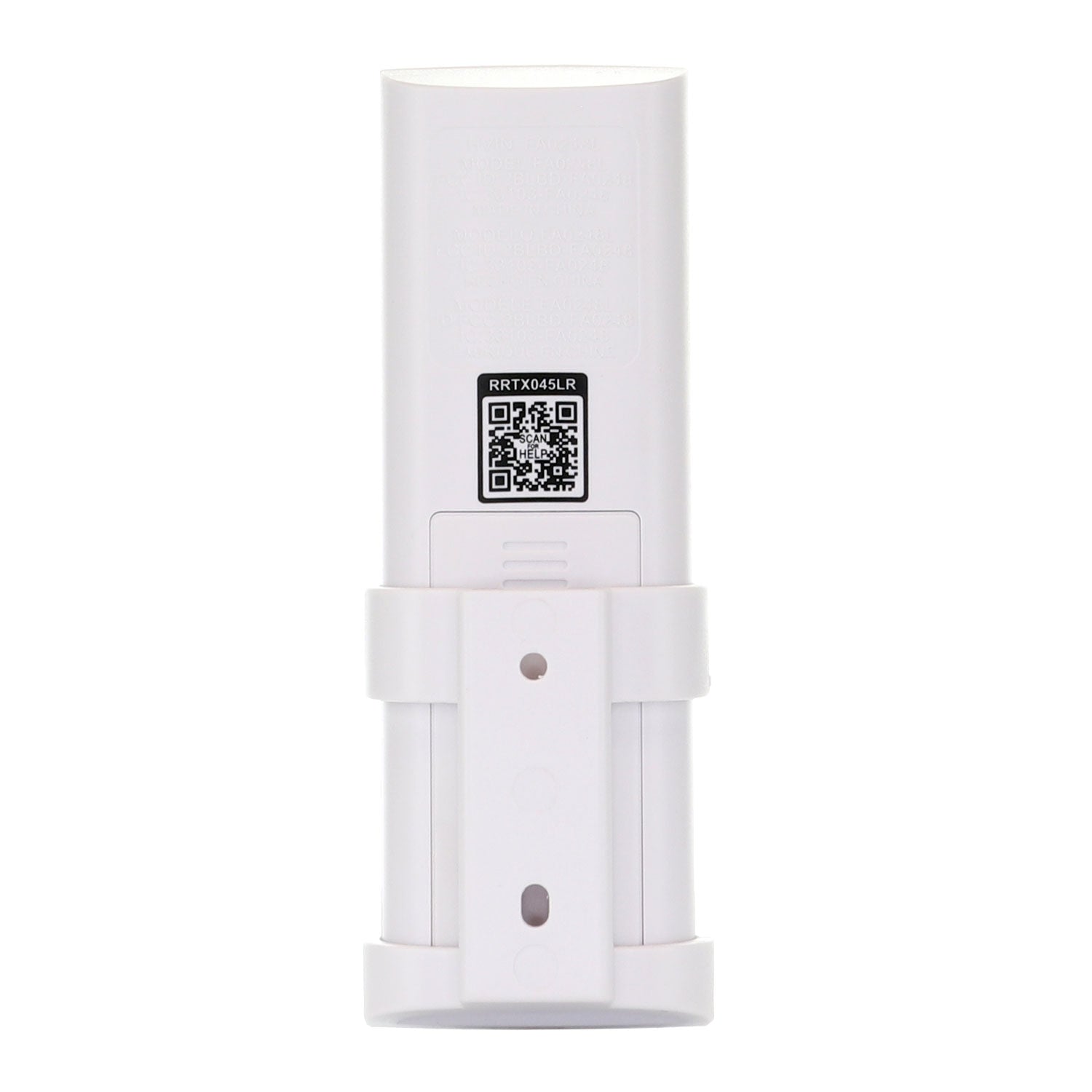 A white wall-mounted device with a QR code and model number "RRFX3045LR" on the front is compatible with the Anderic TX045-LR remote for seamless ceiling fan control and light dimming.