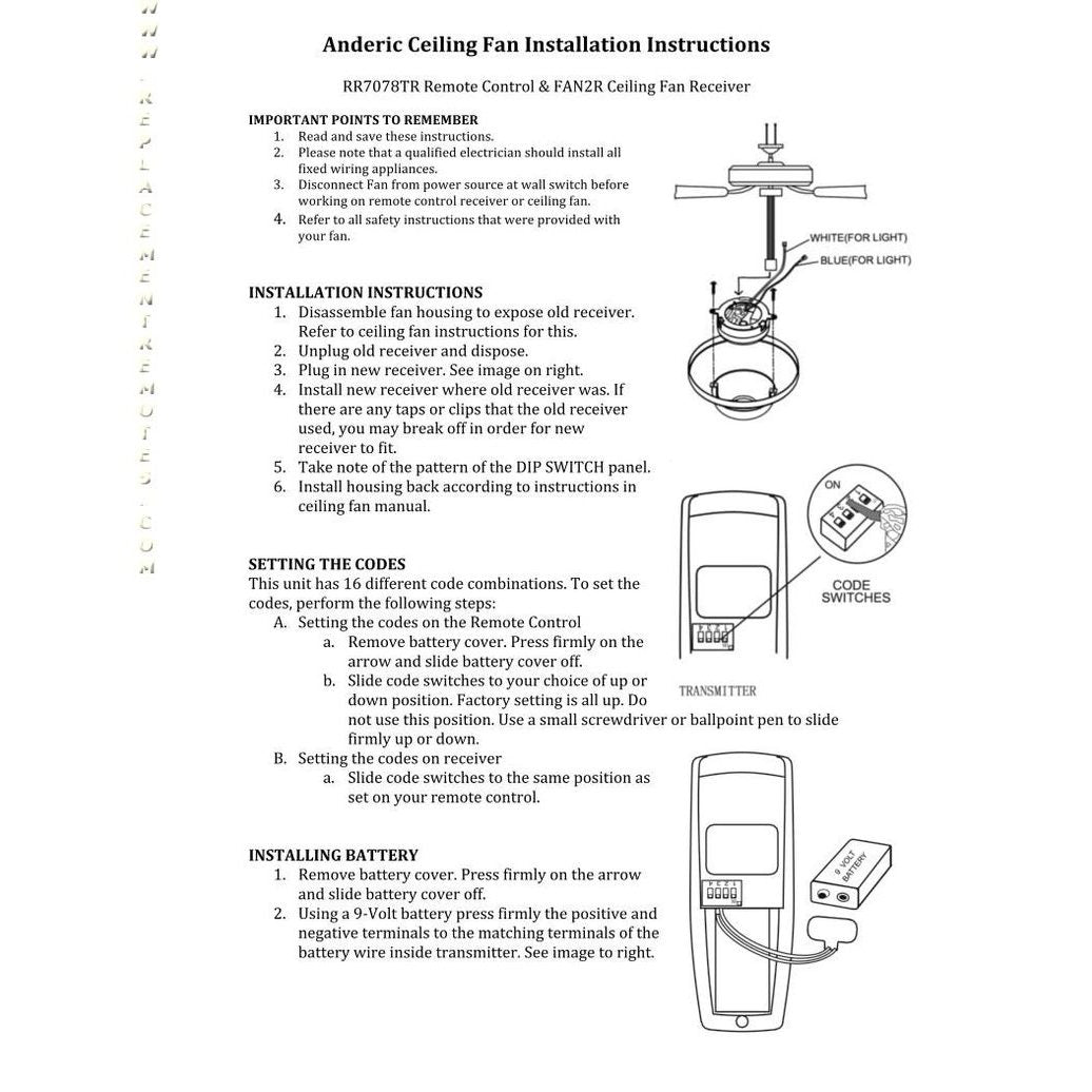 Anderic FAN2R/RR7078TR for Hampton Bay / HUNTER Ceiling Fan Remote Control Kit