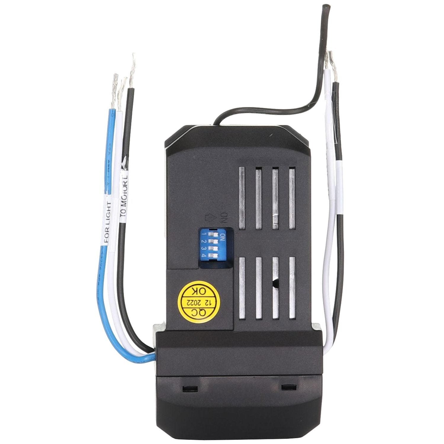 The Anderic FAN53T Universal Ceiling Fan Remote Control Kit includes a black sensor with blue, black, and white wires, a yellow sticker, vent slots, and a blue connector with numbered switches. It's highly compatible and ideal for diverse setups like ceiling fan kits.