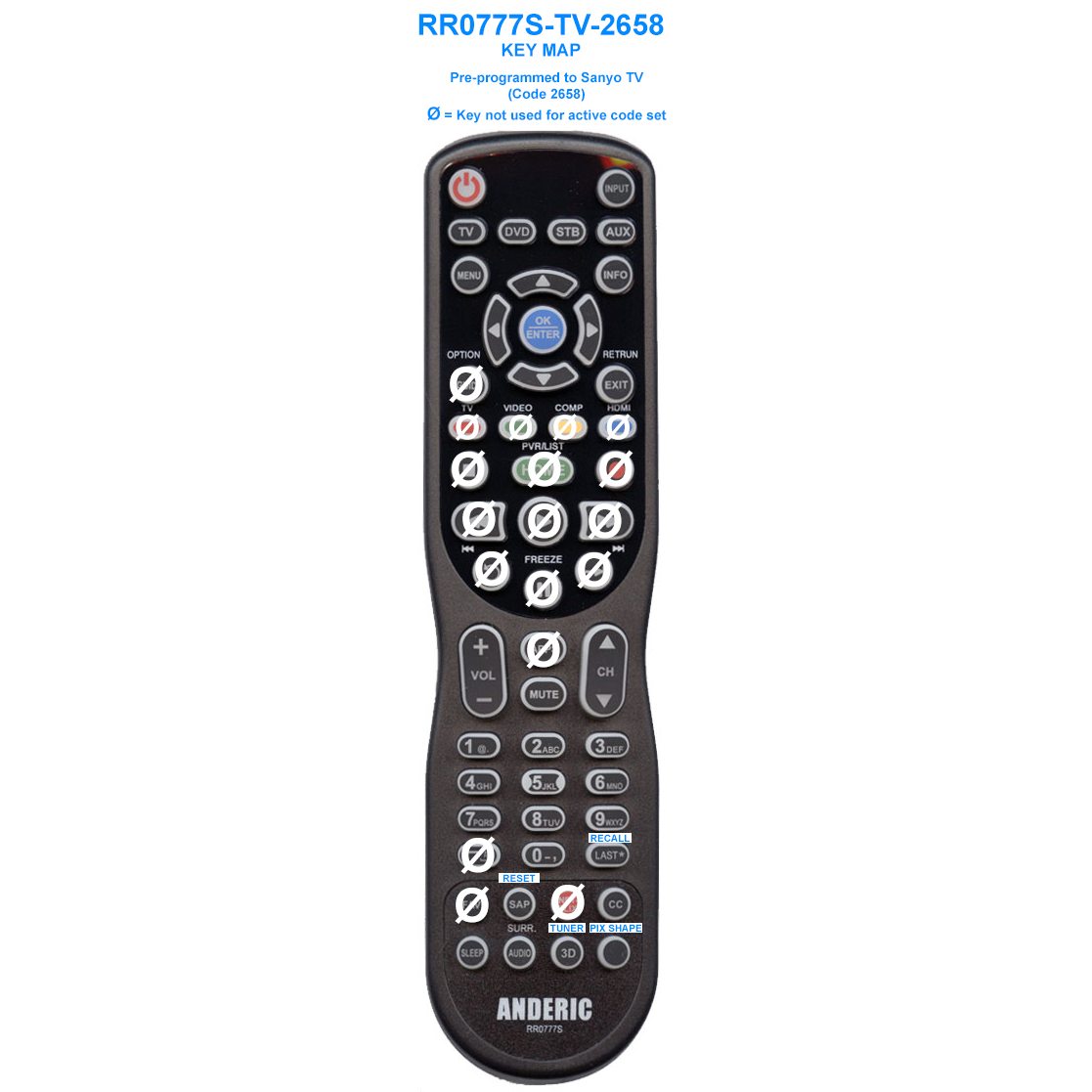 Anderic RR0777S Pre-programmed to Sanyo TV Remote Control