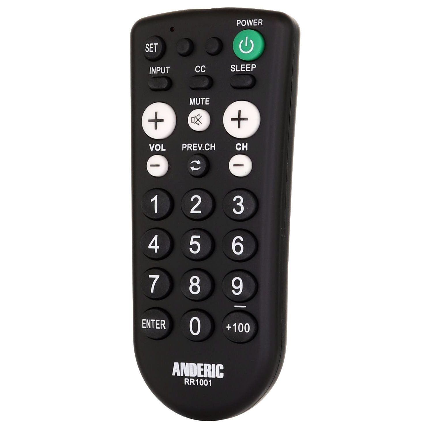 The Anderic RR1001 for Hospitality TV is ideal for hospitality settings with pre-programmed buttons for power, input, volume, channel, and numbers 0-9.