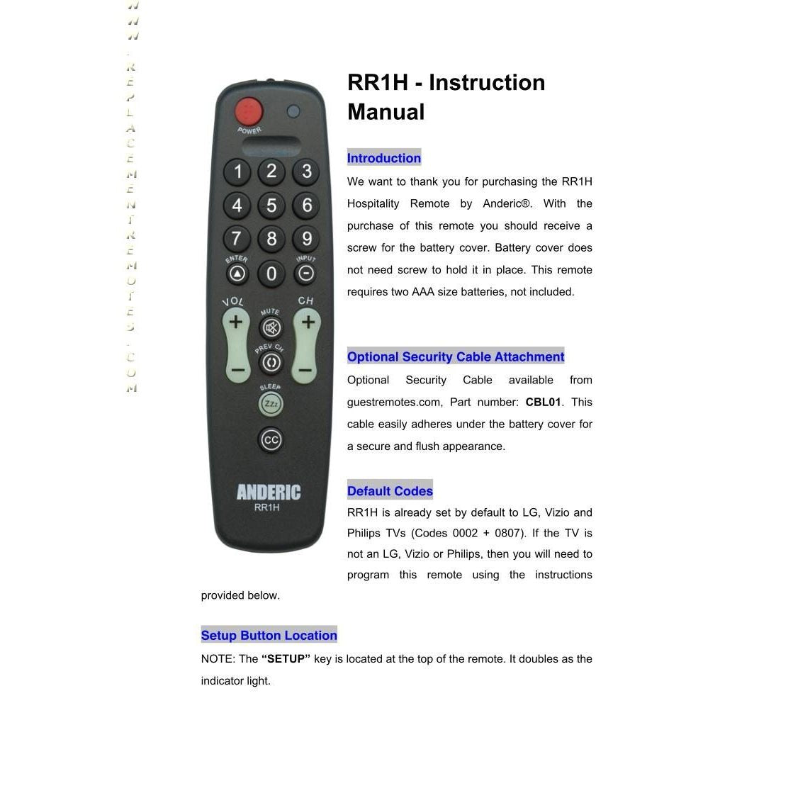 Anderic RR1H for Hospitality 1-Device Universal Remote Control