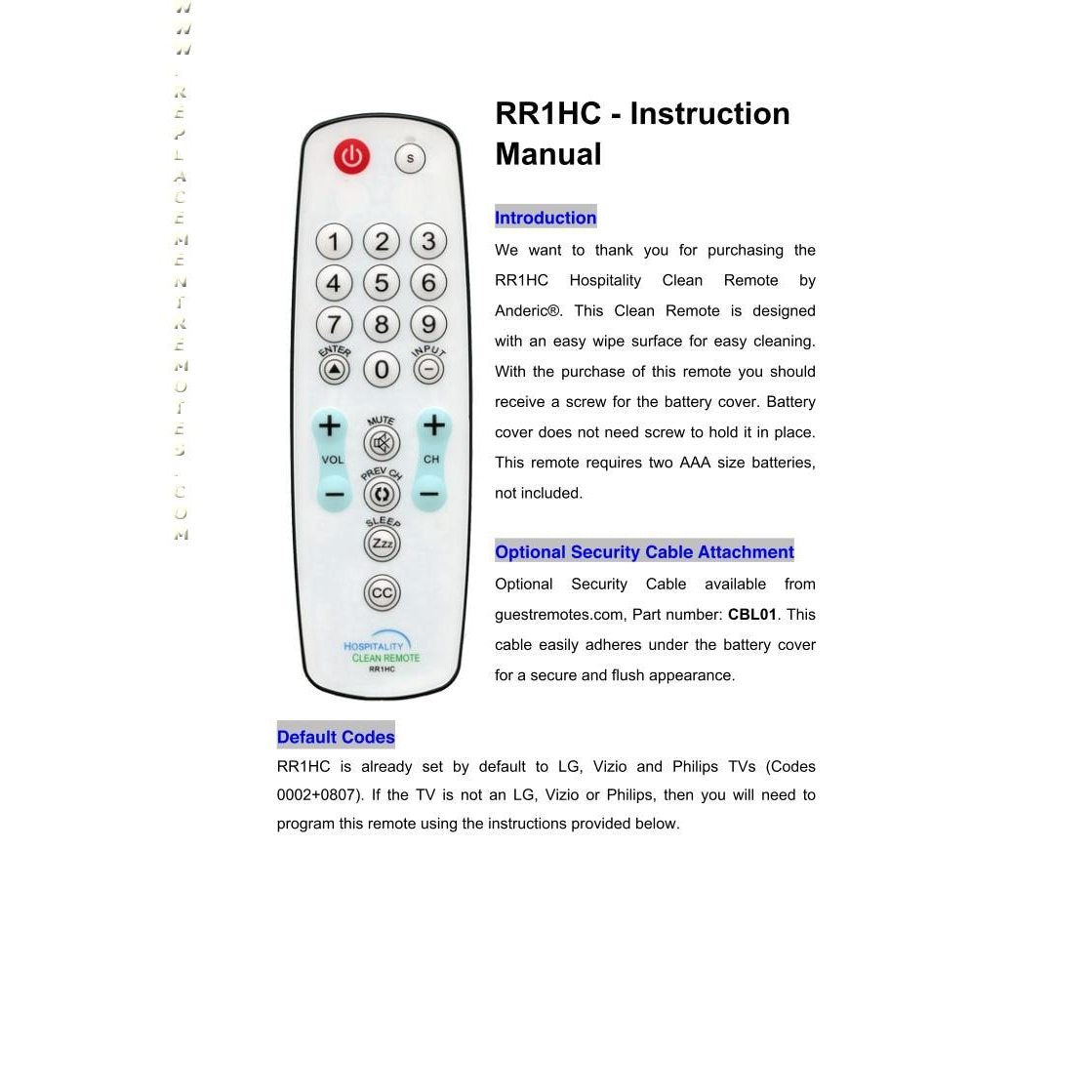 Anderic RR1HC Easy Wipe Remote Control 1-Device Universal Remote Control