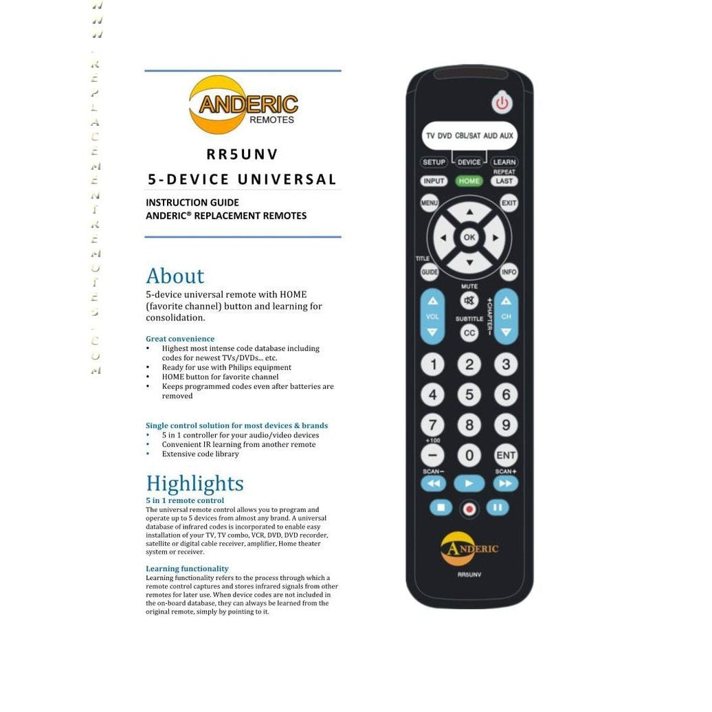 Anderic RR5UNV 5-Device Universal Remote Control