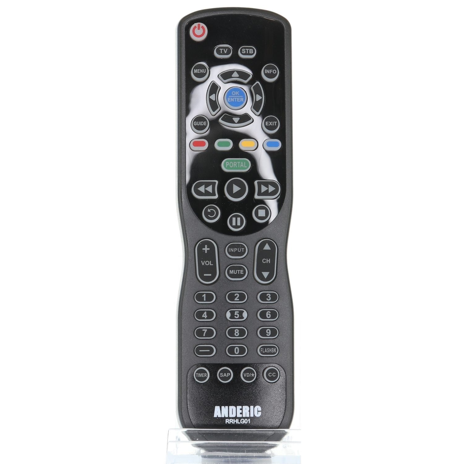 The Anderic RRHLG01 for LG Hospitality 1-Device Universal Remote Control is elegantly showcased on a clear stand, featuring buttons for TV, STB, menu, and playback functions. It is designed as an LG TV remote and ensures seamless compatibility with commercial interfaces.