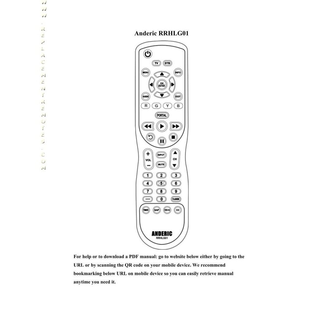 Illustration of the Anderic RRHLG01 for LG Hospitality remote, showcasing buttons for power, volume, and navigation. Includes instructions for accessing a PDF manual online or via QR code.