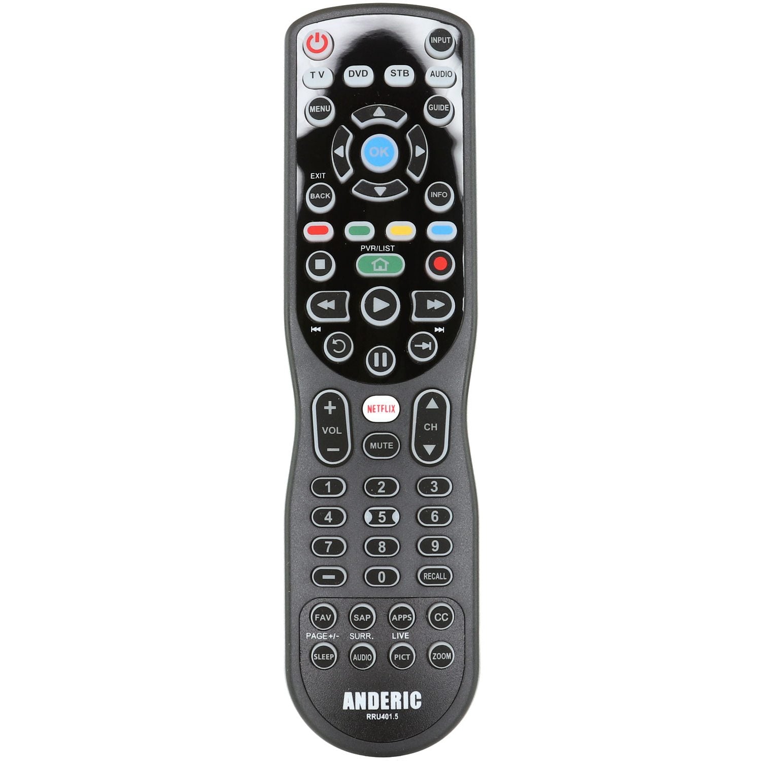 The Anderic RRU401.6 is a 4-device universal remote control with smart functionality, featuring volume, number pad, media playback buttons, and dedicated Netflix and playlist buttons for seamless entertainment.