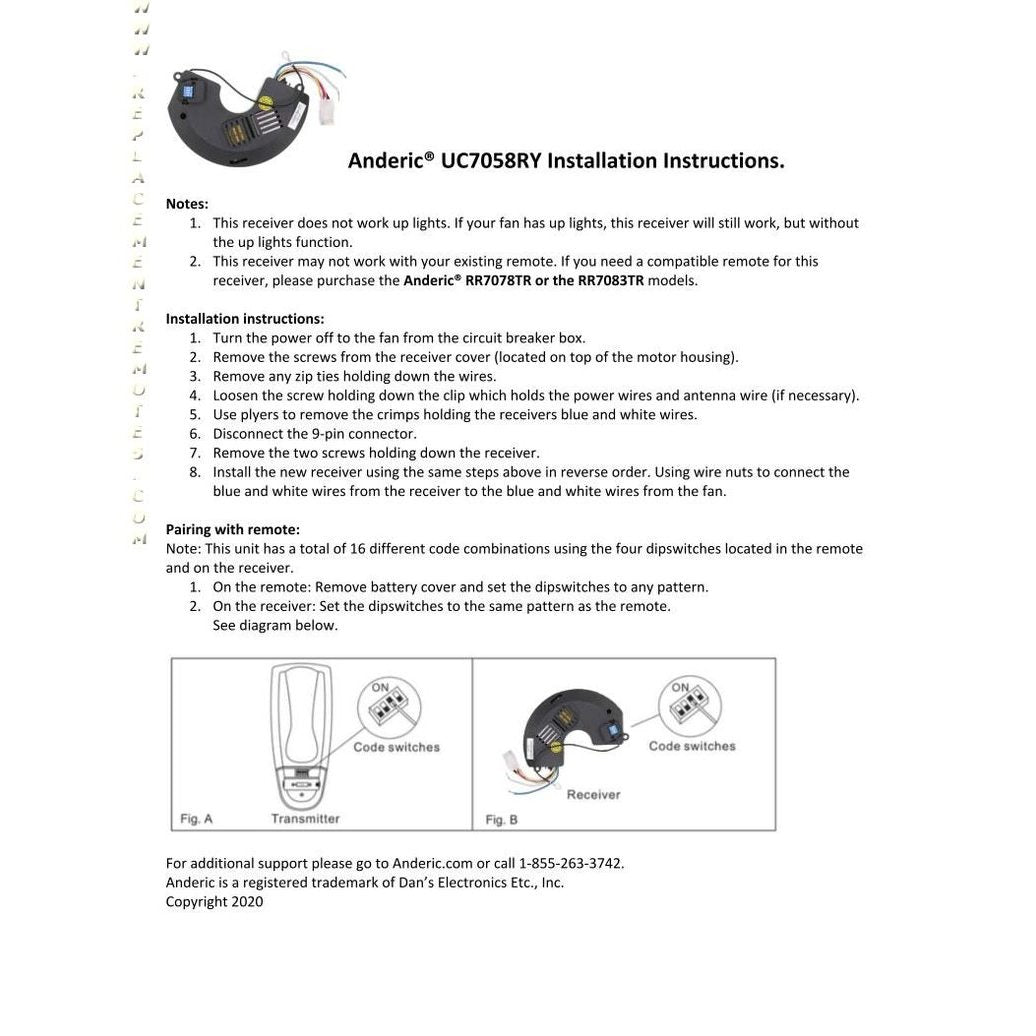 Anderic UC7058RY Receiver with RR7078TR Remote Replacement Ceiling Fan Remote Control Kit