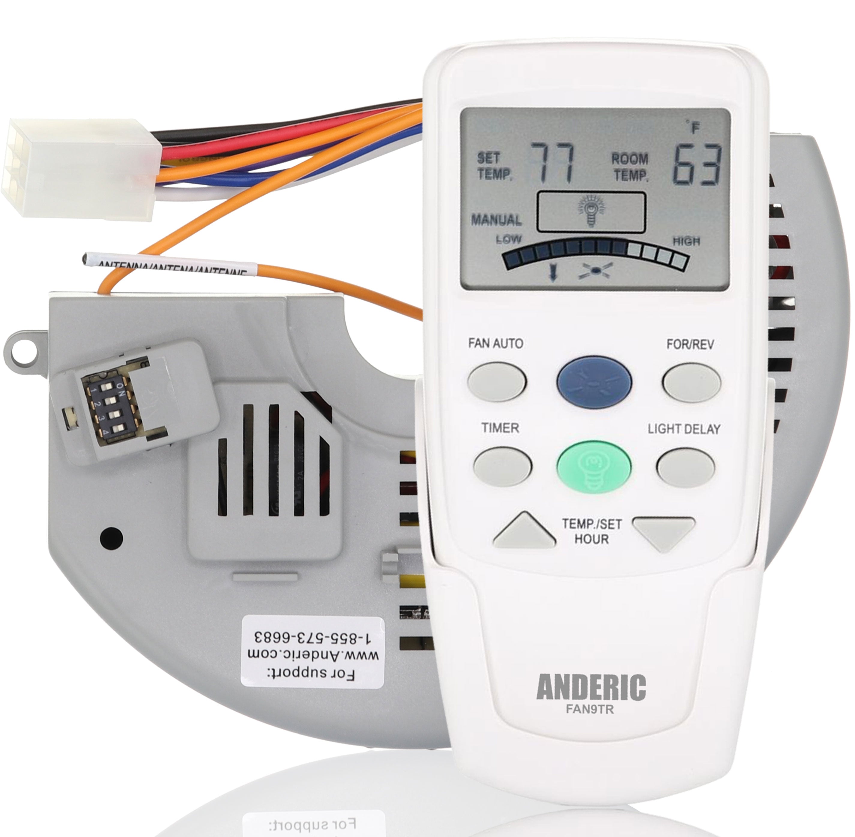 The Anderic FAN10R/FAN9T Replacement Ceiling Fan Kit for Hampton Bay includes a remote control and module featuring temperature settings, buttons, and wiring.