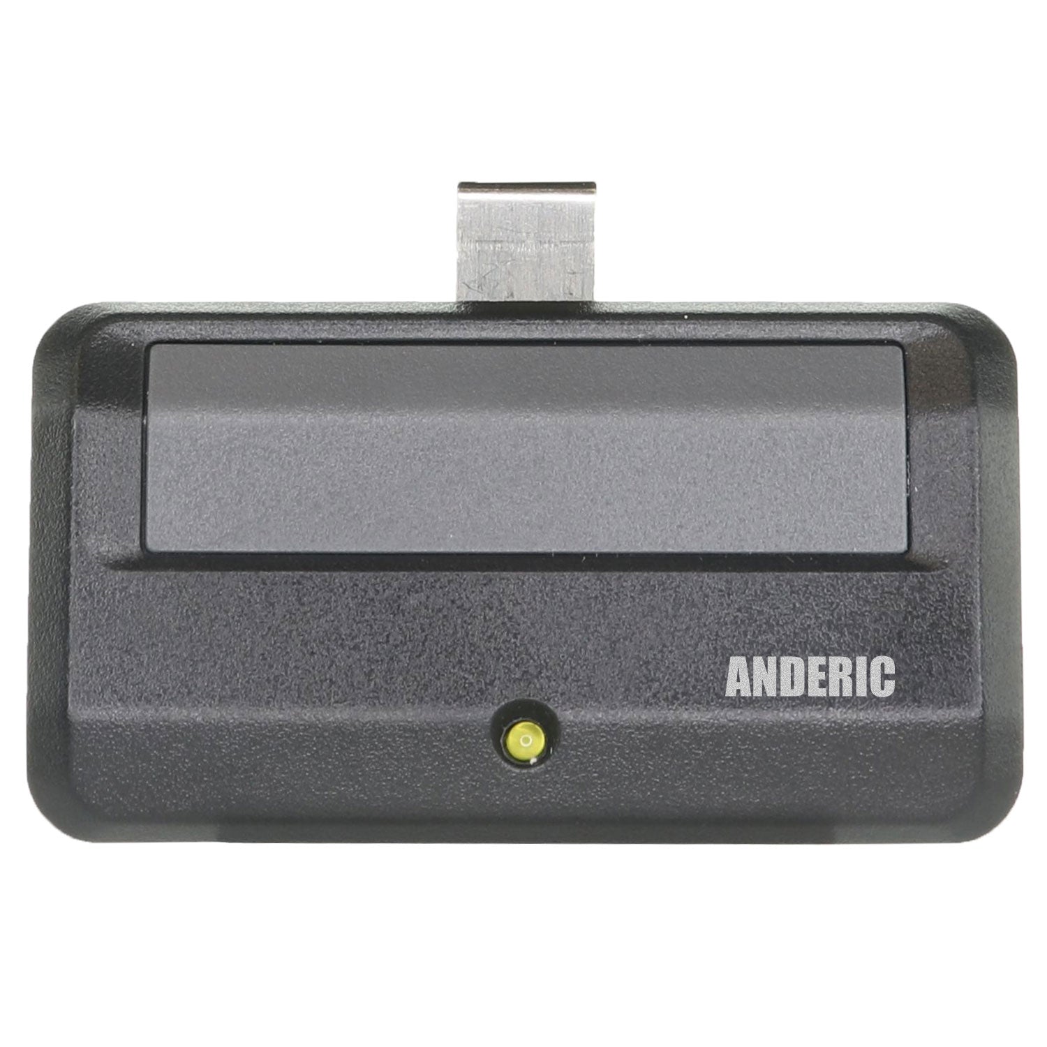 A sleek black and gray "ANDERIC 891LM 950ESTD" remote for yellow button Liftmaster, Chamberlain, Sears, Craftsman garage openers features a small top connector and a single bottom button.