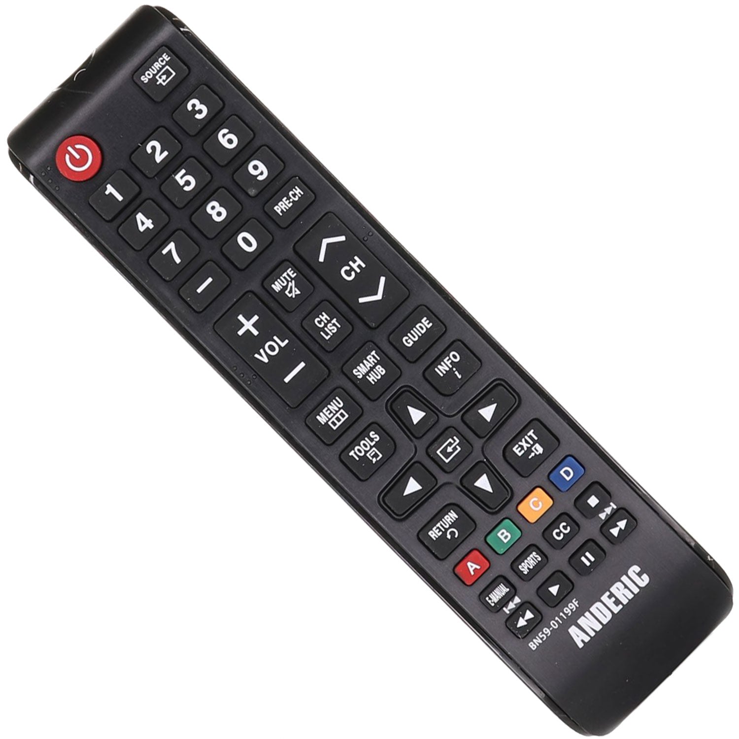 The Anderic BN5901199F remote for Samsung TVs offers full functionality with controls for power, volume, channels, and menu. With a sleek black design and branded lower right corner, it's perfect as a replacement or upgrade for your Samsung TV remote.